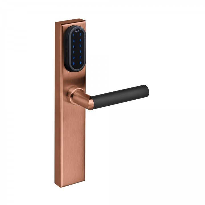 Electronic lock with number keypad and blind plate (outside) and cylinder key hole - Titanium Copper