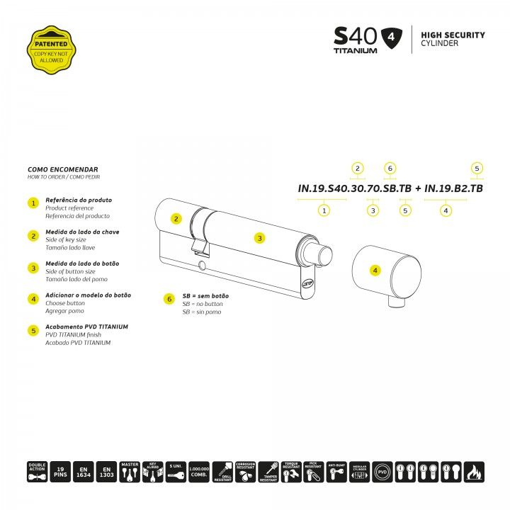 S40 - Cilindro de alta seguridad - Titanium Black