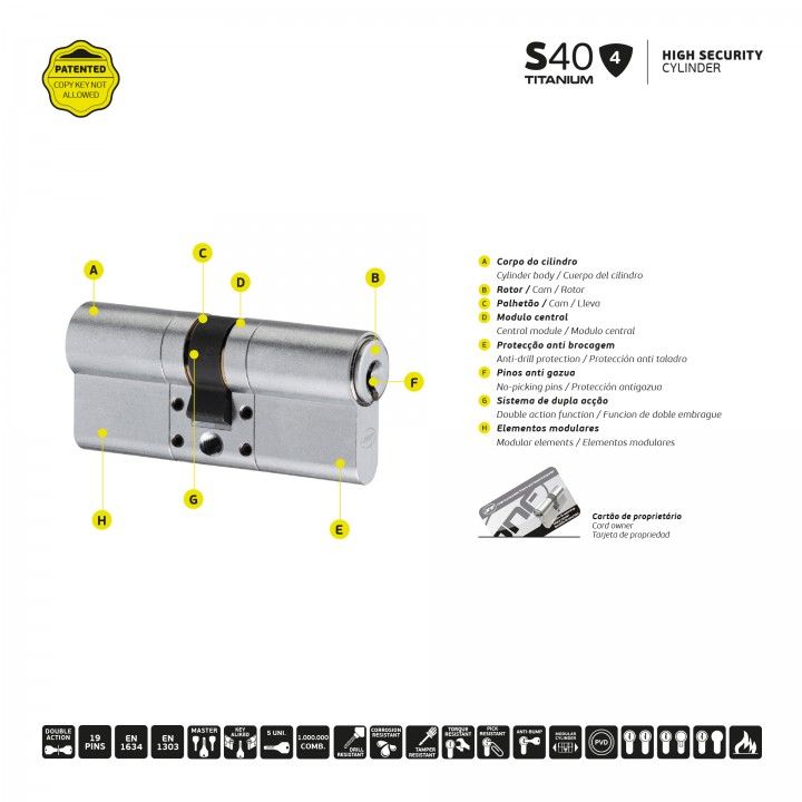 S40 - Cilindro de alta seguridad (30x70mm) - Titanium Copper