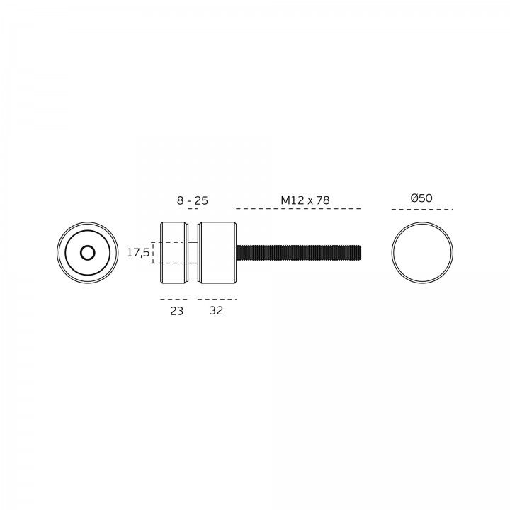 Glass support wall fixing - 50mm / glass 8-25mm