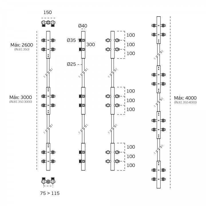 Conjunto de pivot superior e inferior para portas de vidro H system - Altura mx 4000mm (4 apoios)