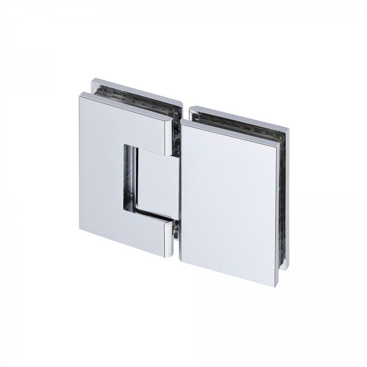 Polished glass to glass double hinge with stop